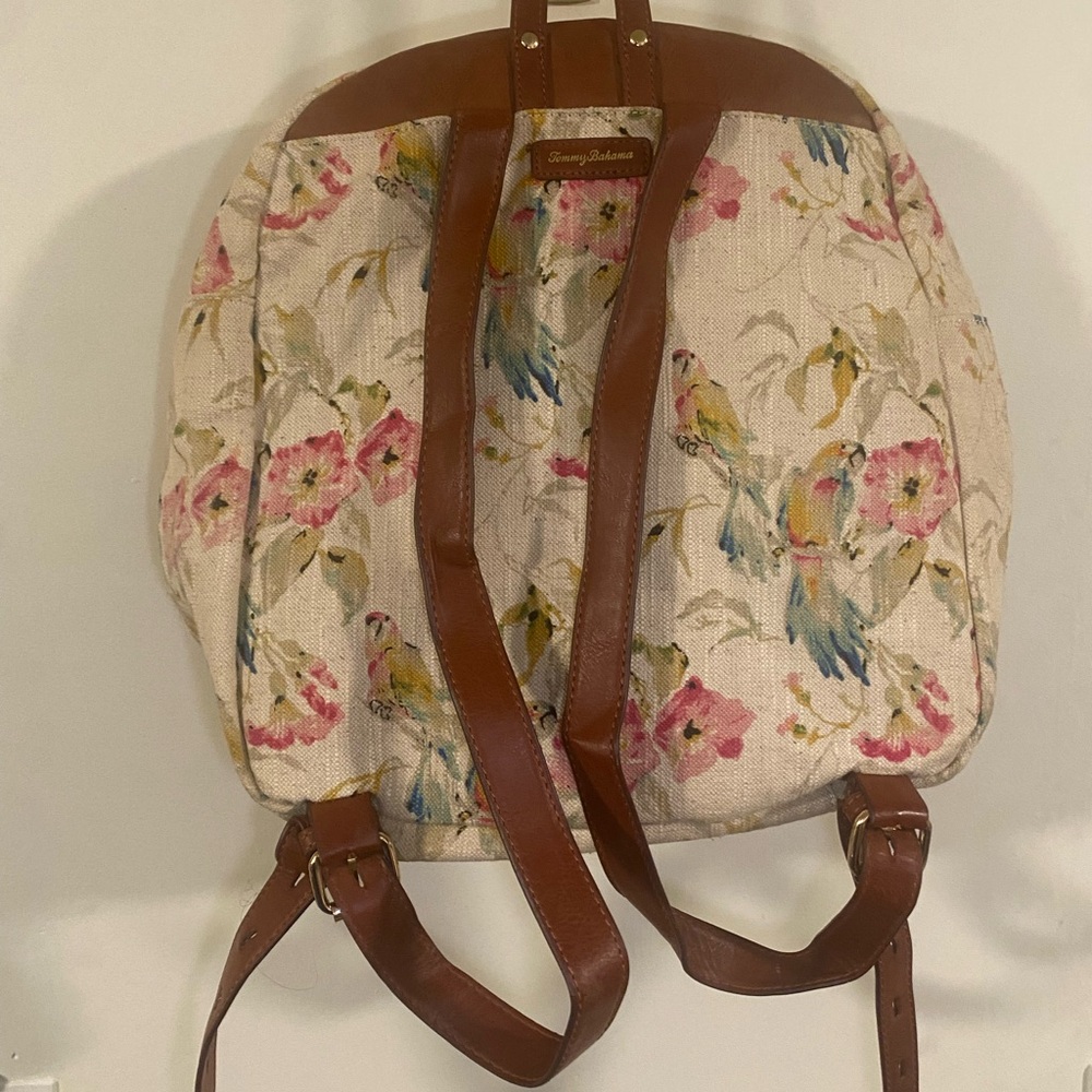 Tommy Bahama Floral Canvas Backpack with Brown Leather Trim